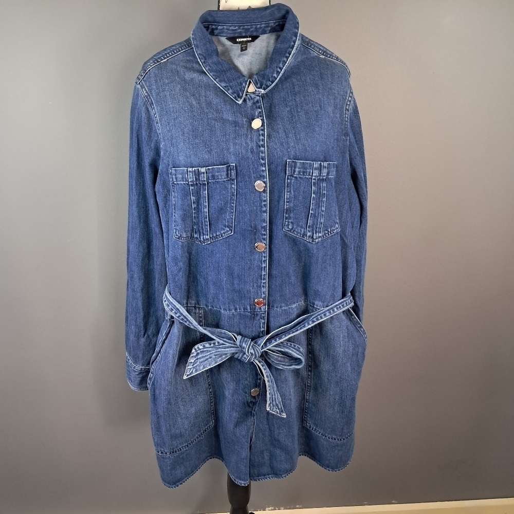 Express Denim Romper Shorts Belted Jumpsuit Size Large Long-Sleeve